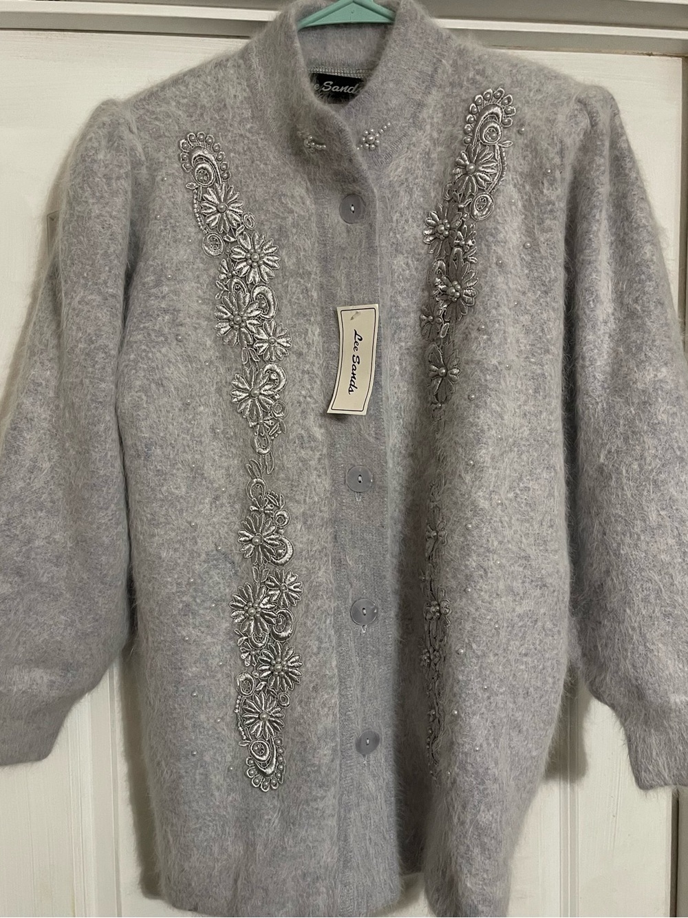 VTG Lee Sands Angora Pearl Beaded Embroidered Cardigan Sweater Jacket NWT